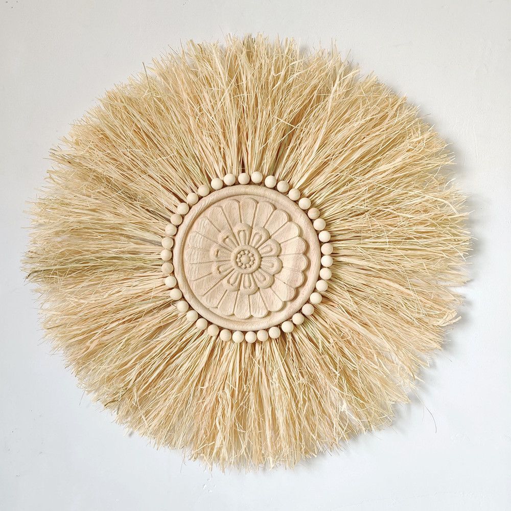 Wall Decor Boho Handmade Woven Straw Moroccan Wood Bead Hanging Ornament 45x45cm