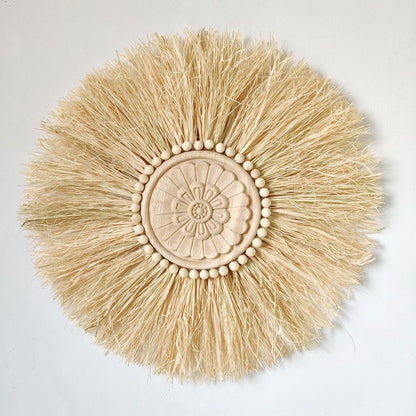 Wall Decor Boho Handmade Woven Straw Moroccan Wood Bead Hanging Ornament 45x45cm