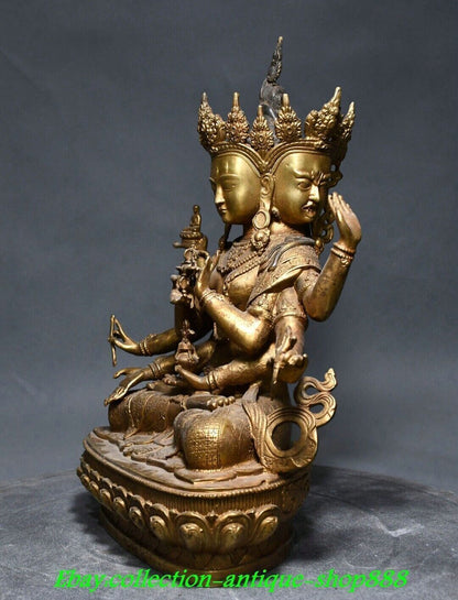 12" Old Tibet Bronze Gilt 3 Head 8 Arms Namgyalma & Ushnishavijaya Buddha Statue