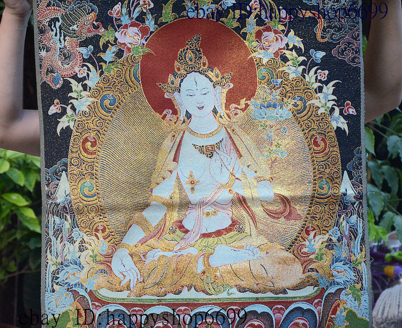 36" Tibet Buddhism Silk Cloth White Tara 7 eyes Thangka Painting Mural 11