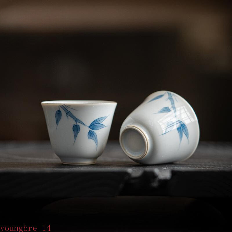 1PC Hand-painted Blue Bamboo Ceramic Tea Cup Handmade Small Cup Household
