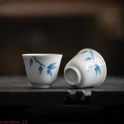 1PC Hand-painted Blue Bamboo Ceramic Tea Cup Handmade Small Cup Household