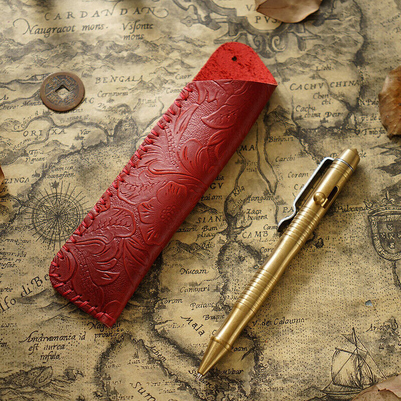 Portable Real Leather Pen Protector Bag Holder Pencil Case Handmade Carved Gifts