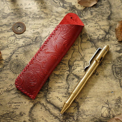 Portable Real Leather Pen Protector Bag Holder Pencil Case Handmade Carved Gifts