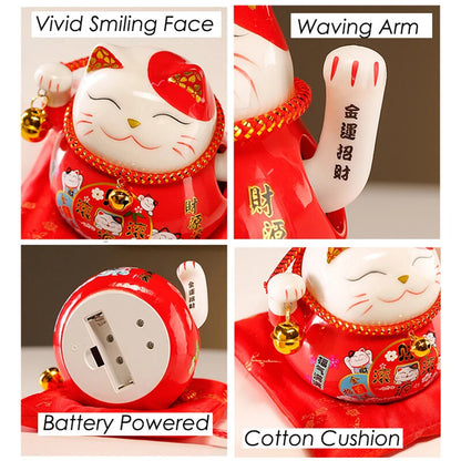 4.5 Inch Ceramic Beckoning Lucky Cat Battery Powered Fortune Cat Waving Arm