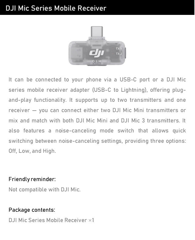 DJI Mic Wireless Receiver for Phone - Plug & Play, Noise Canc, Mobile Rec