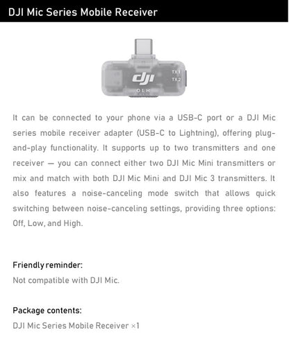 DJI Mic Wireless Receiver for Phone - Plug & Play, Noise Canc, Mobile Rec
