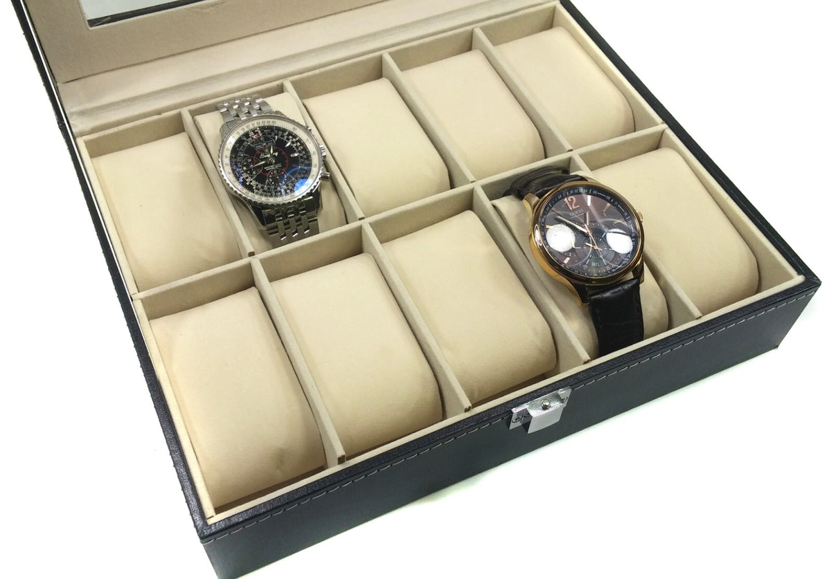 10 Slot Watch Box with Glass Top - Black Faux Leather Display Case Organizer