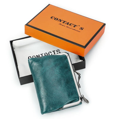 Small Metal Frame Purse Genuine Leather Wallet Hasp Zipper Coins Cards Holder