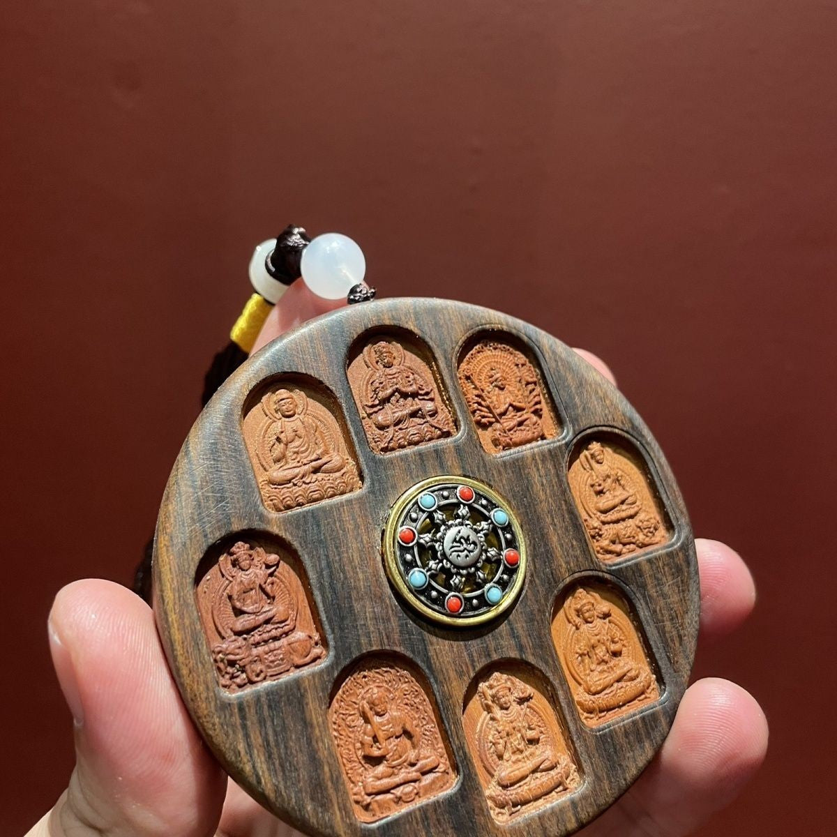 Wooden Eight Guardian Deities Pendant Rotatable Mantra Carved Ornament