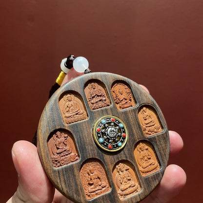 Wooden Eight Guardian Deities Pendant Rotatable Mantra Carved Ornament