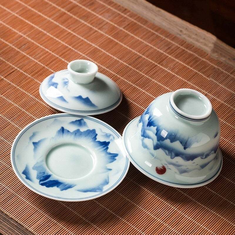 handmade gaiwan under glaze porcelain covered bowl SanCai tureen 150ml coaster