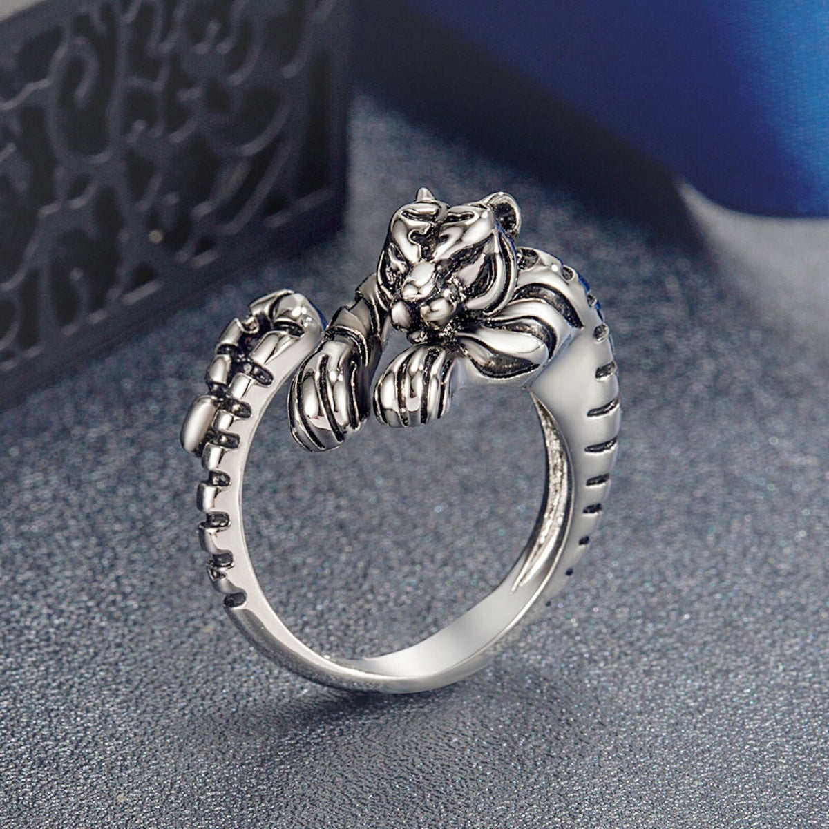 Mens Stainless Steel Sleeping Tiger Open Ring Personalized Vintage Gift