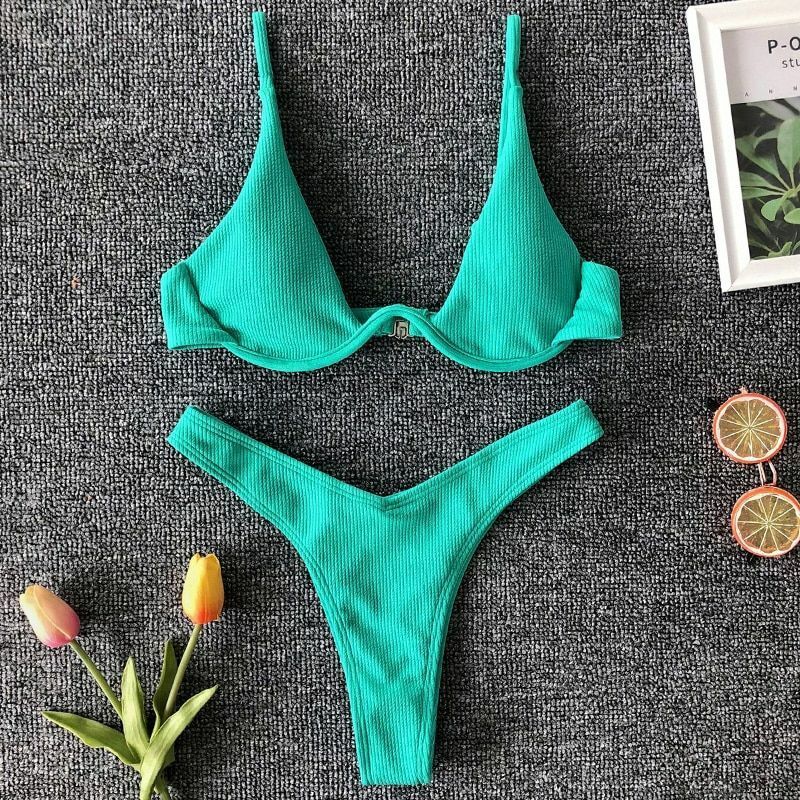 Women Swimsuit V-bar Underwired Ribbed Thong Swimwear Two-pieces Bikini Push Up