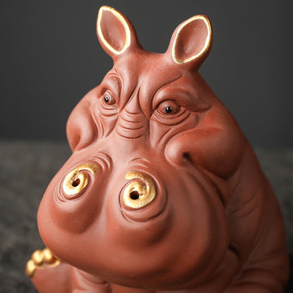 Chinese Yixing Zisha Pottery Fengshui hippo Animal Wealth Lucky tea pet Statue