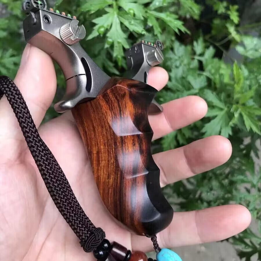 New Titanium Alloy Slingshot Redwood Handle Hunting Flat Rubber Band Catapult