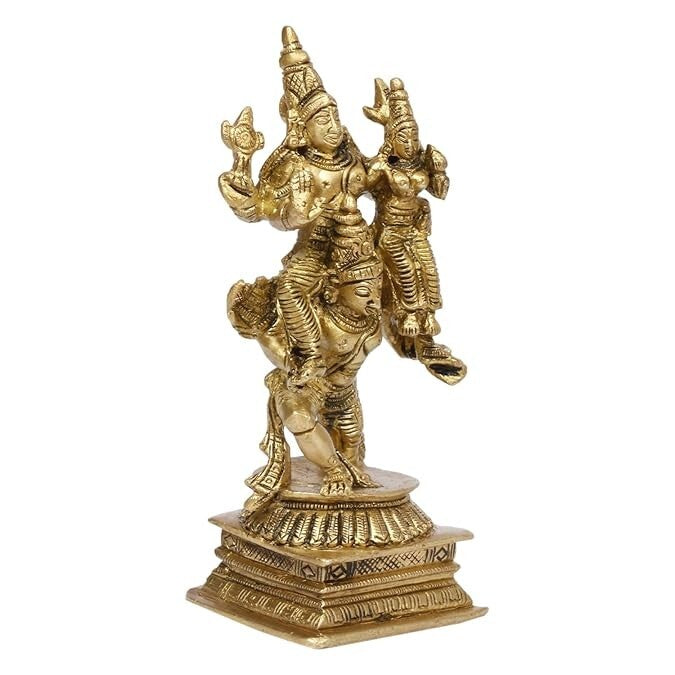 Hindu God Brass Lord Vishnu Laxmi Riding on Garuda Idol Figurine Statue