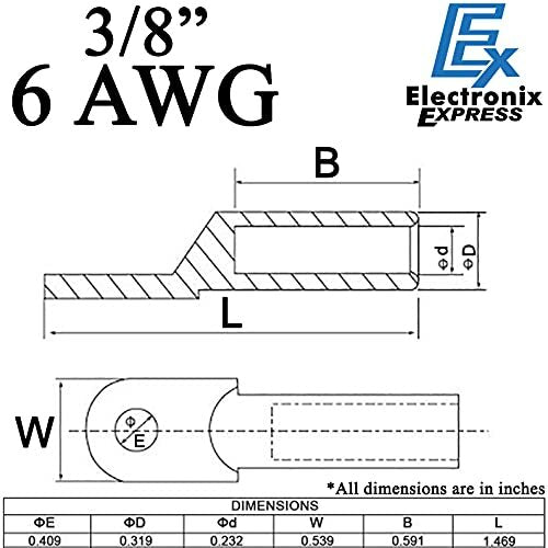 10 Pack 6 AWG 3/8" Bare Copper Ring Terminals, Heavy Duty Battery Cable Lugs