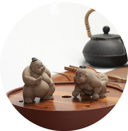 Handmade Figurine Sumo Statue Crude Pottery Artwork Wrestling Tea Pet Creative