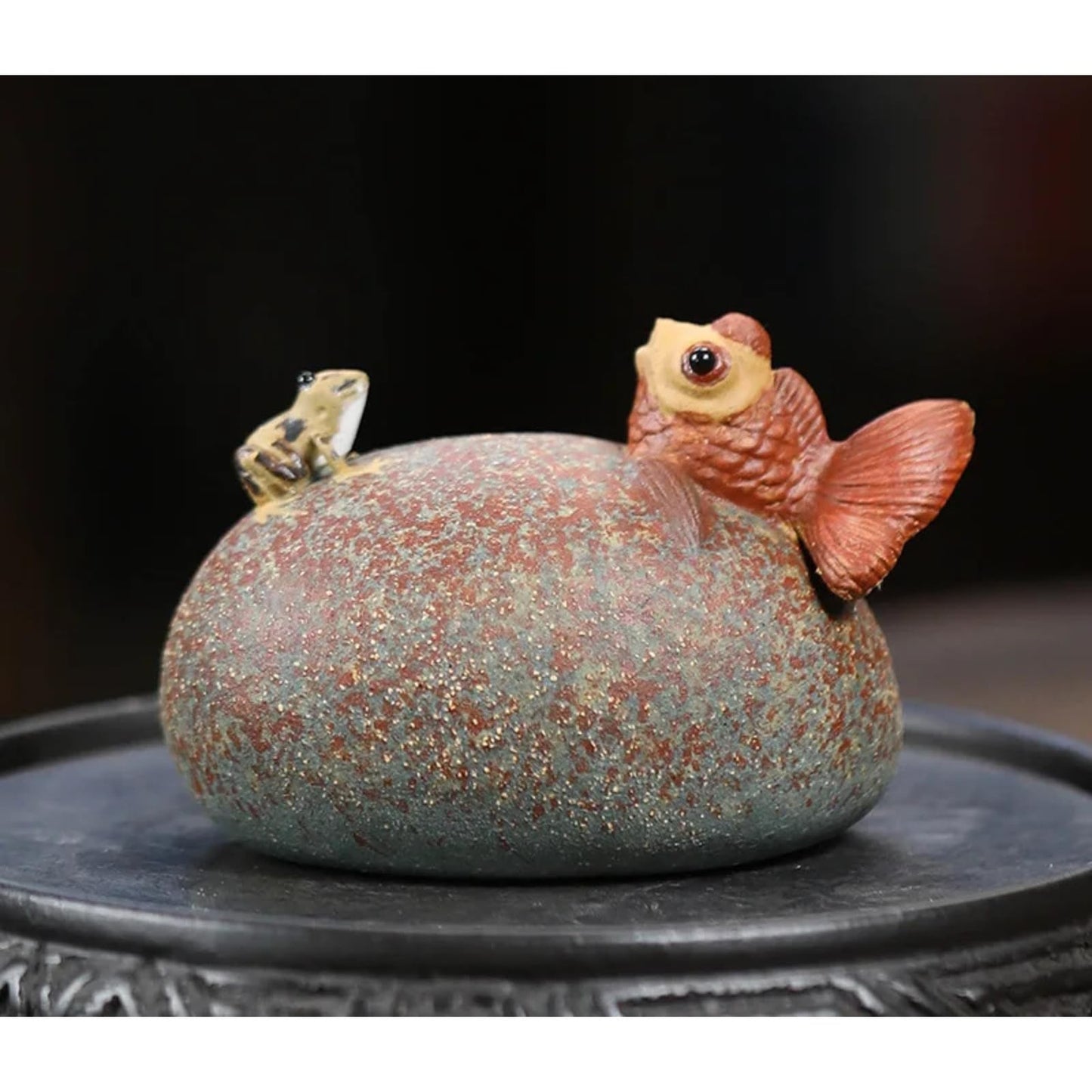 Goldfish Frog Purple Clay Water Spraying Tea Pet 8cm 3.2in Small Statue Decor