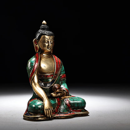 4.8" Old China Antique Pure Copper Inlay Gem Color Painting Buddha Statue