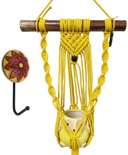 Vibrant Yellow Handcrafted Macramé Hanging Plant Hanger w/ Ceramic Owl Planter