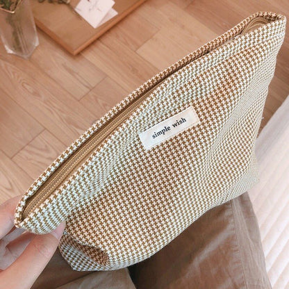 Makeup Cosmetic Bag Women Cotton Plaid Organizer Kit Beauty Brushes Storage Case