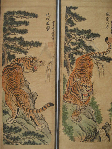 Old Chinese Calligraphy Scroll Painting Hand Painted 4 Tiger Painting