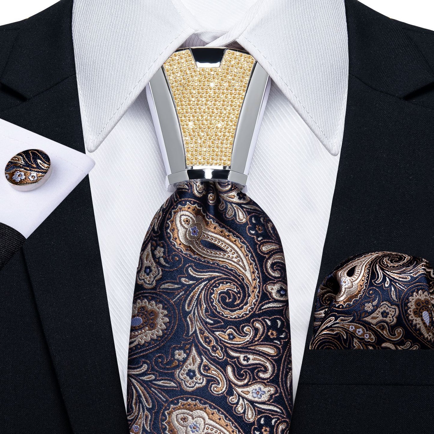 Men Necktie 3Pcs Luxury Striped Ties Cufflinks Pocket Square Wedding Accessories