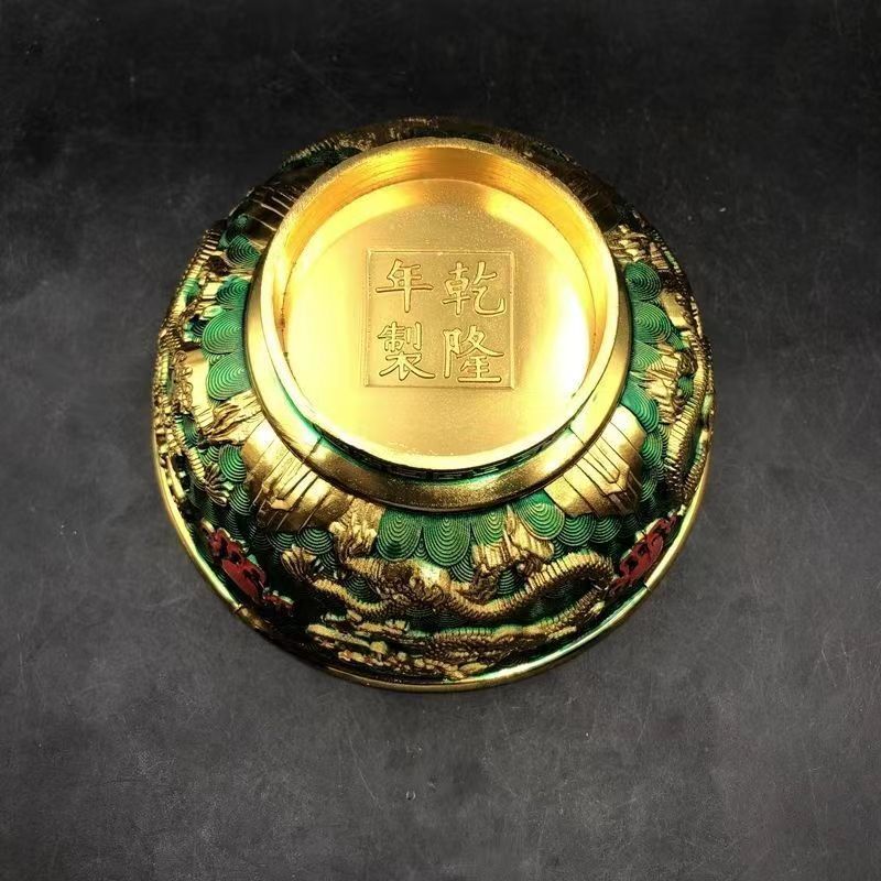 Chinese Crafts Antique Cloisonne Double Dragon Playing Beads Copper Plated Bowl