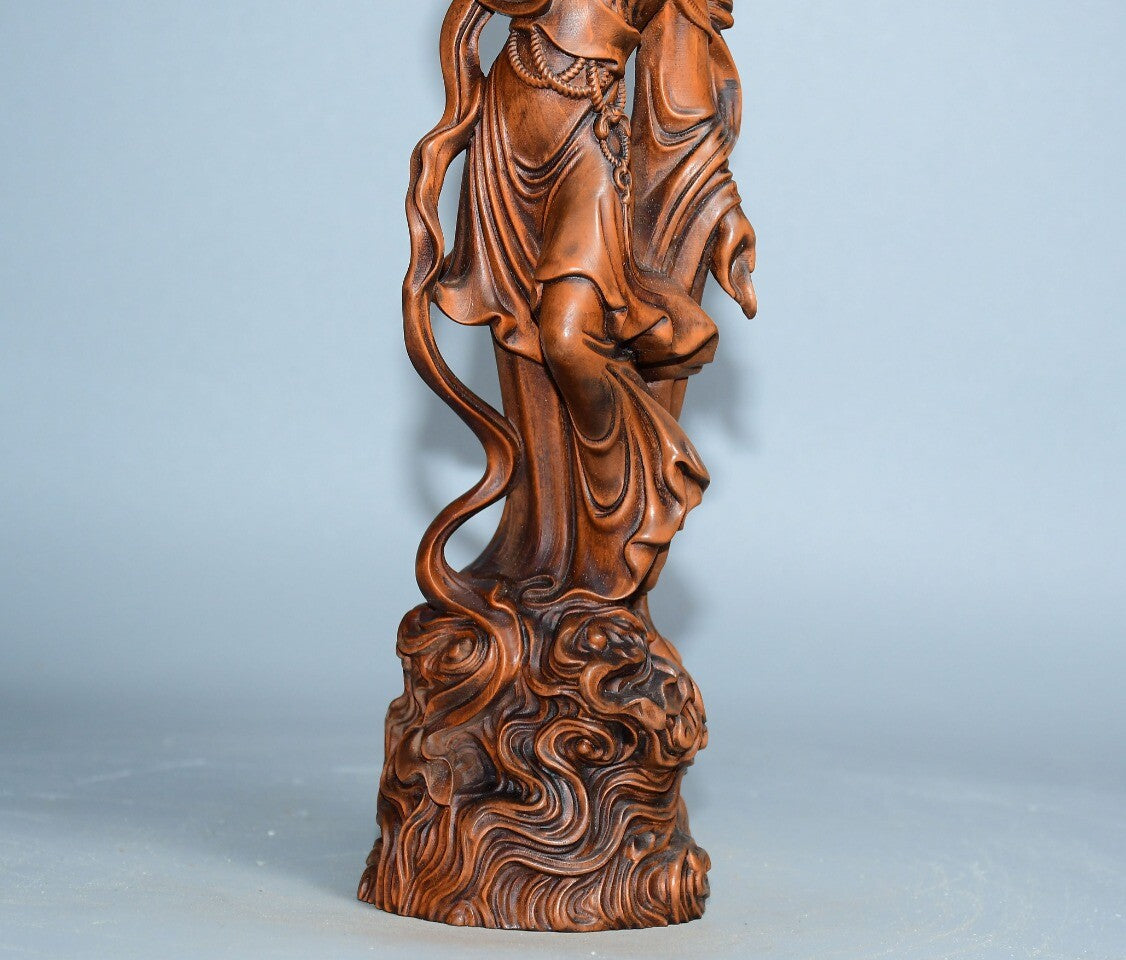 Chinese Wood Carving Beautiful Woman Fairy Boxwood Wooden Statue Vintage Carved