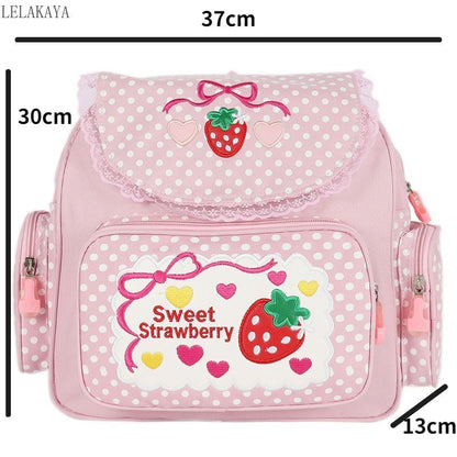 Backpack Embroidery Strawberry Pattern Lace Shoulder Bags Waterproof 30*37*13 CM