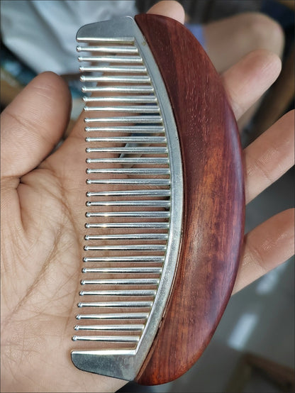 African Red Sandalwood Comb Alloy Silver-Plated Portable Chinese Meridian Comb
