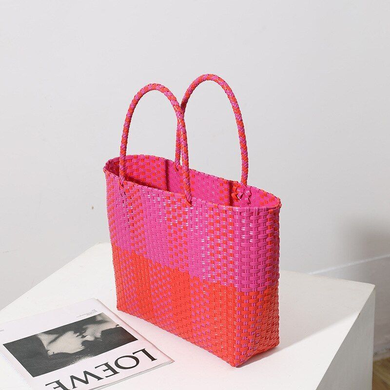 Plastic Hand-woven Bag Large Square Shopping Basket Bag Shoulder Purse Tote Bags