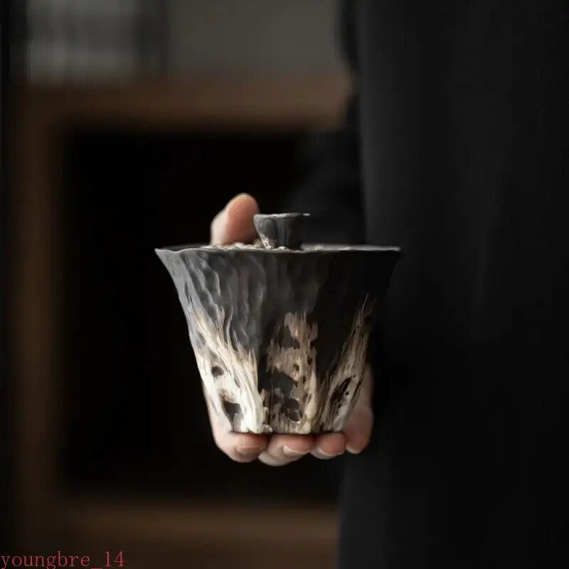 Handmade Embossed Lotus Ceramic Tea Turee Covered Bowl Coarse Tea Maker Gaiwan