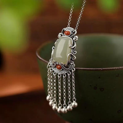 Vintage Tassel Bell Pendant Necklace Natural Jade Agate Silver Plated Set