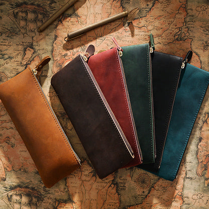 Handmade Cowhide Leather Vintage Zipper Pen Pencil Case Stationery Storage Bag