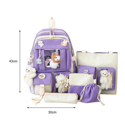 5pcs/set Women Backpack Bookbags Teenage Student School Bag Travel Rucksack