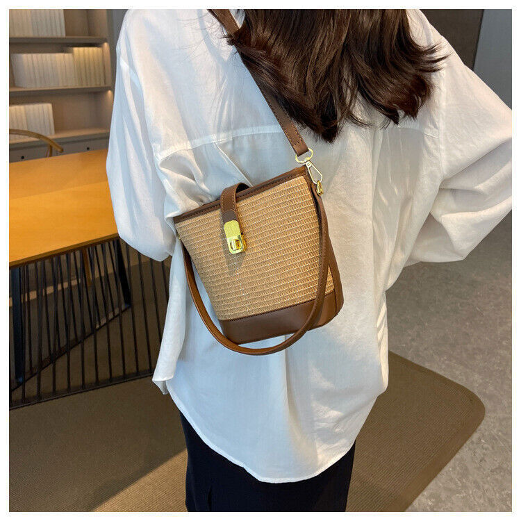 Straw Woven Bucket Shoulder Bags PU Leather Summer Fashion Designer BeachHandbag