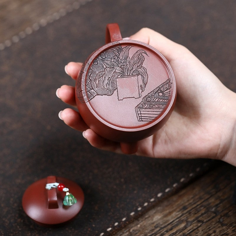 Handmade Carved Real Yixing Zisha Dicaoqing Clay Master Teapot Certificate Paper