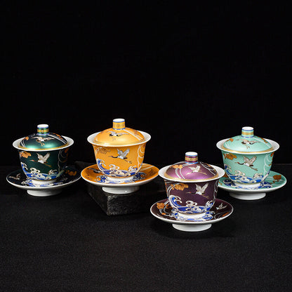 Gaiwan Crane Sancai Cover Bowl To Tea Bowl Tea Bowl Ceramic Gilt Crane Bubble