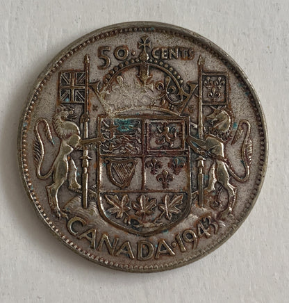 1943 CANADA 50 Cents Silver Coin Silver .800 George VI Royal Canadian Mint