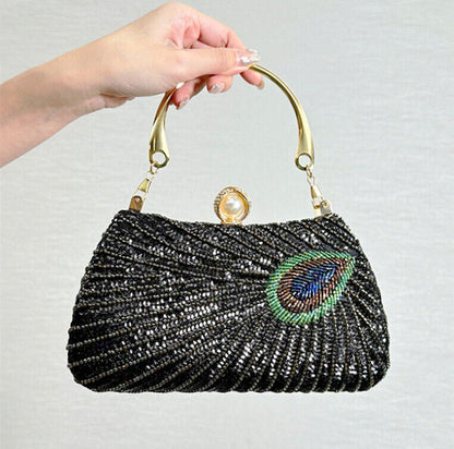 New Vintage Dress Bag Hand Peacock Feather Sequin Bag Prom Evening Bag
