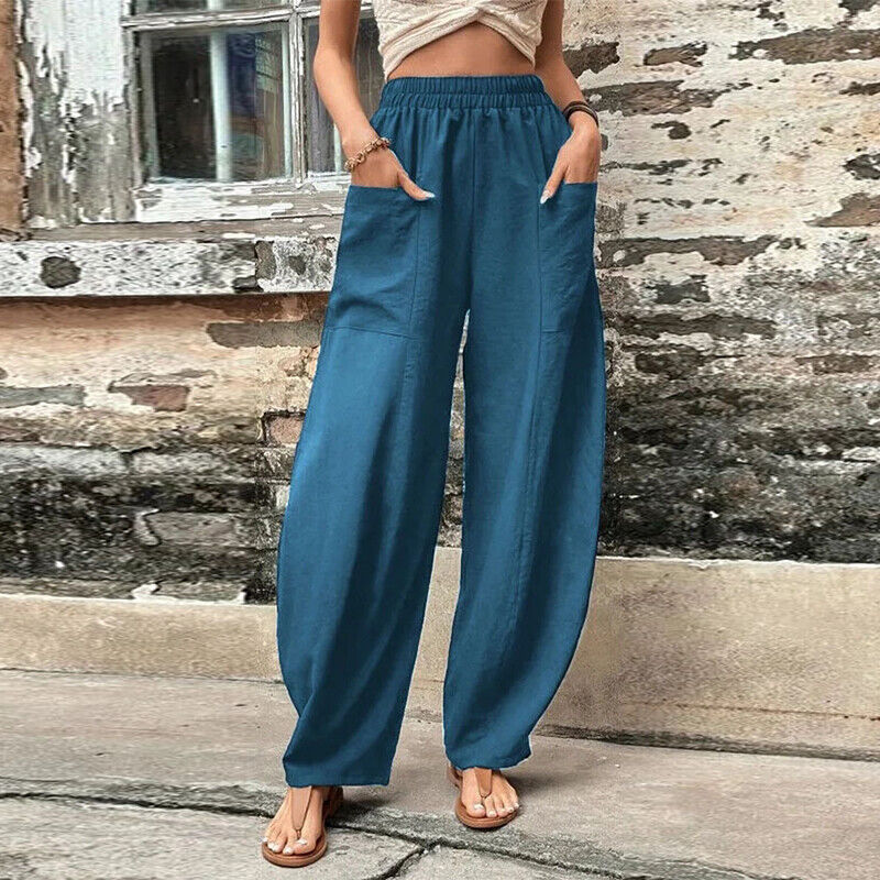 Women Summer Ice Silk Pocket Wide Leg Baggy Pants Elastic High Waist Trousers