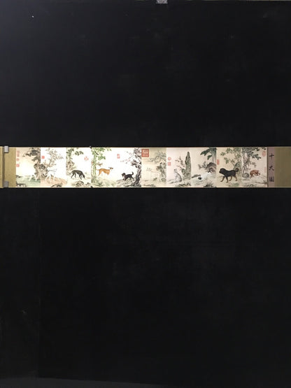 Antique boutique scroll painting, a ten dog painting by Lang Shining