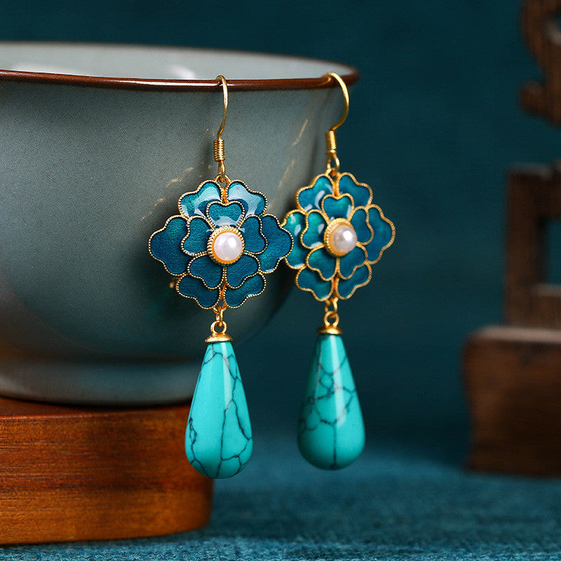Jingtai Blue Camellia Dian Cui Pearl Earrings Imitation of pine stone