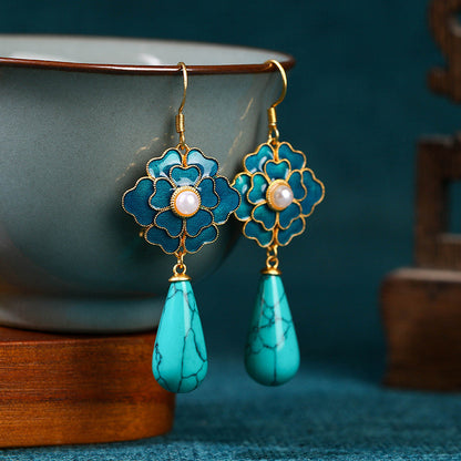 Jingtai Blue Camellia Dian Cui Pearl Earrings Imitation of pine stone