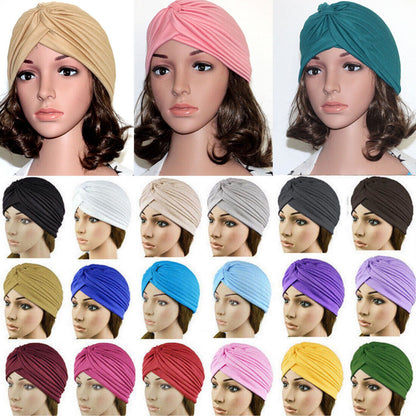 Women Stretchy Turban Hat Muslim Hat Solid Color Wrap Hijab Knotted Indian Caps