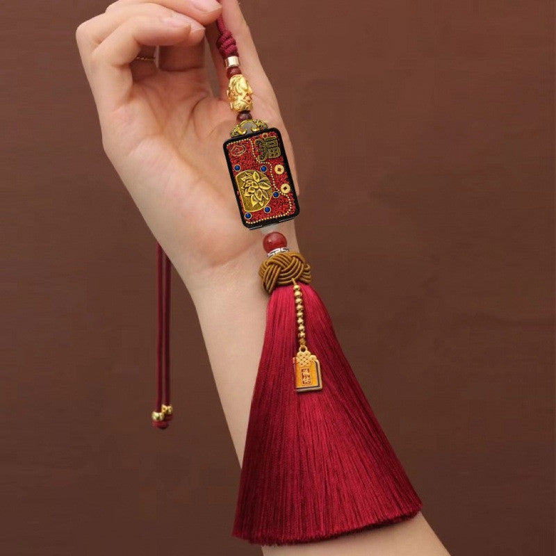 Nepal Retro Car Pendant Lotus Blessing Tassel Hanging Ornament Unisex