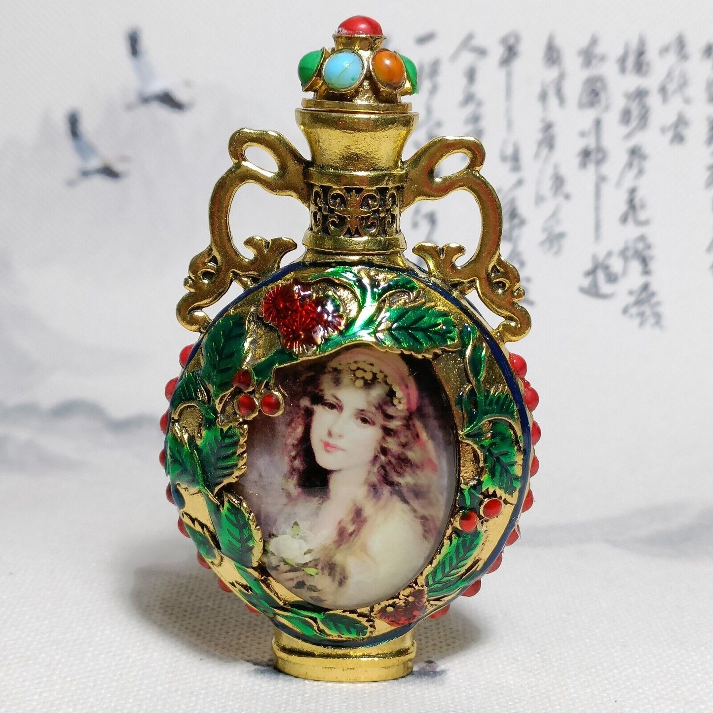 vintage Beijing chinese cloisonne snuff bottle box young women Painted souvenir